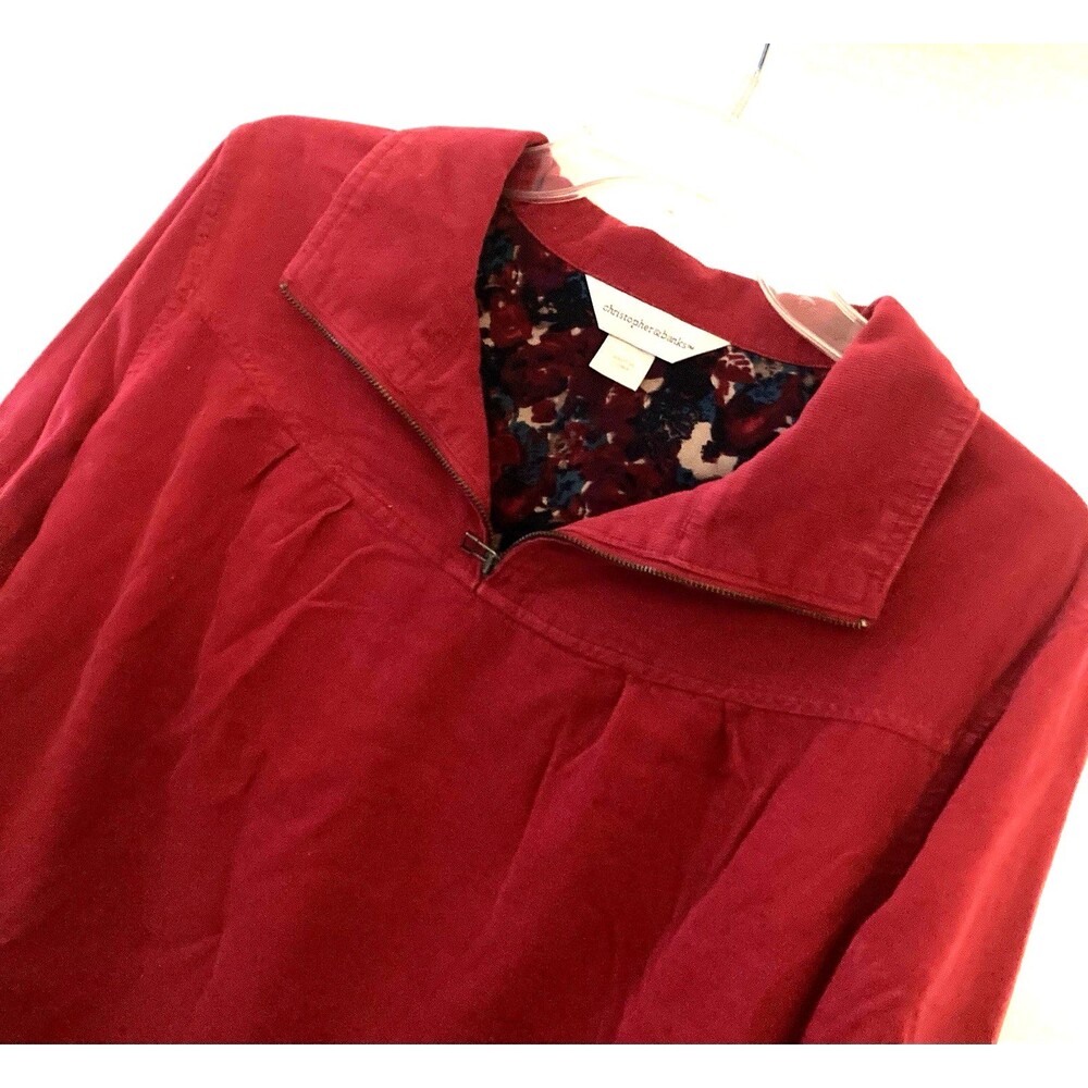 Christopher & Banks Corduroy Pullover Jacket L Red 1/4 Zip Drawstring Hem Cotton